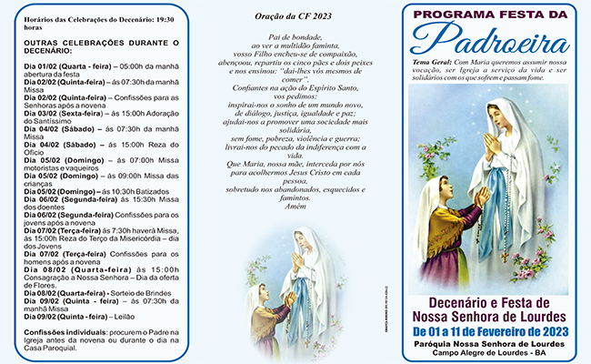 Programação da festa da padroeira de Campo Alegre de Lourdes, Nsa. Sra. de Lourdes 2023